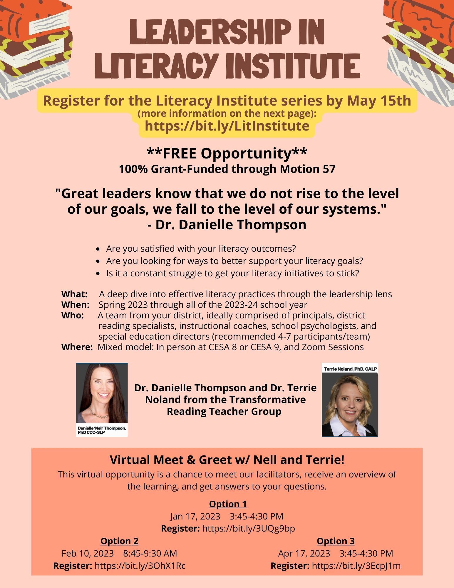 Leadership in Literacy Institute flyer page 1 image